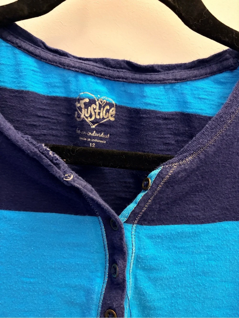 Justice Girls Size 12 Blue & Navy Striped Henley Short Sleeve Top